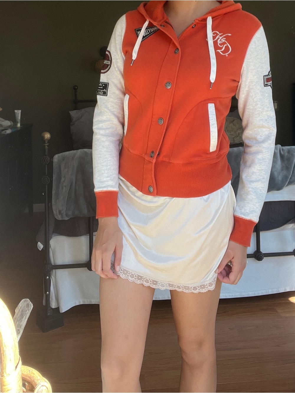 Harley Davidson Womens Varsity Jacket Orange Hooded Cotton Blend 96188-13VW Sz M